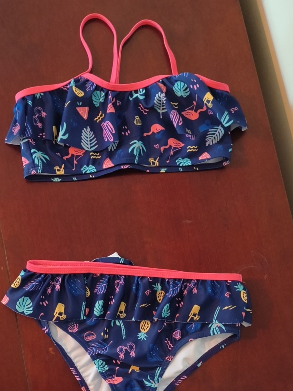 Andy & Evan Navy Flamingo Ruffle Bikini with Pink Trim